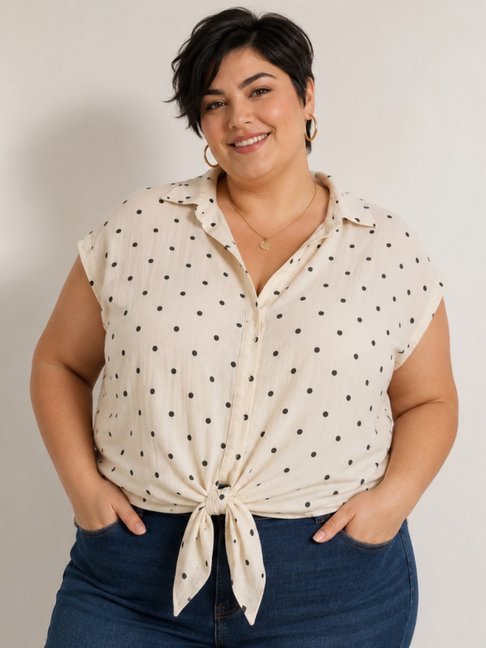 C by One PLUS SIZE polka-dot front tie linen-like shirt 1X